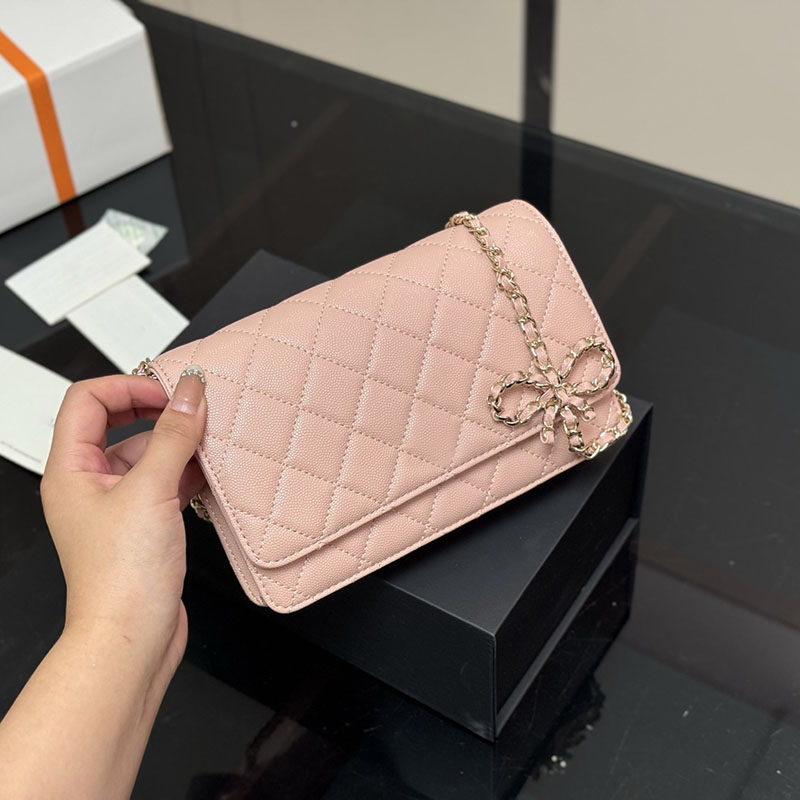 Bowknot Decoration Metal Chain Ladies Mini Flap Bag Golden Hardware Caviar Pattern Genuine Leather Multi Card Pockets Designer Shoulder Cross Body Wallet 19cm