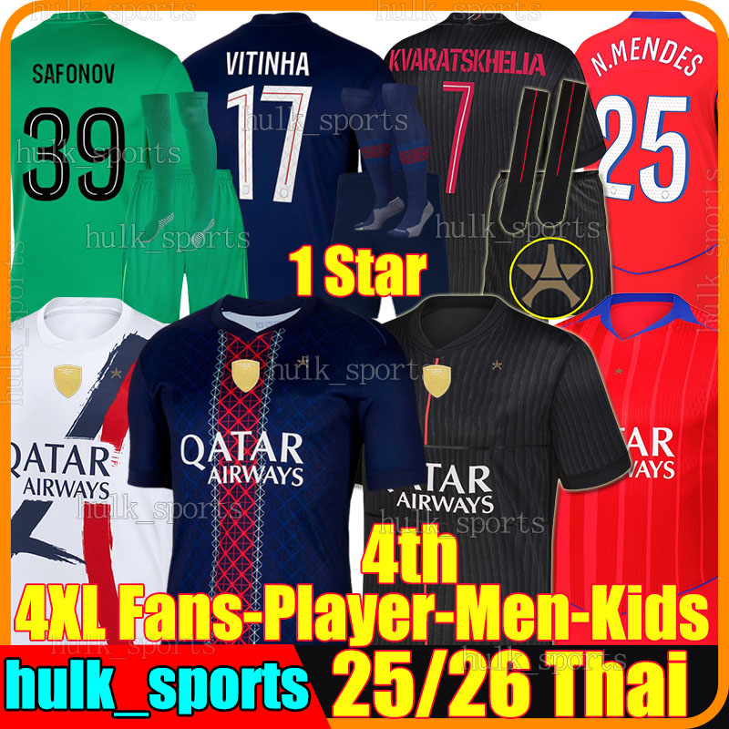4XL 2025/26 VITINHA 4th soccer jerseys SAFONOV G.RAMOS O.DEMBELE BARCOLA JOAO NEVES D.DOUE KVARATSKHELIA N.MENDES Maillots de football shirts Men Kids Kits socks sets