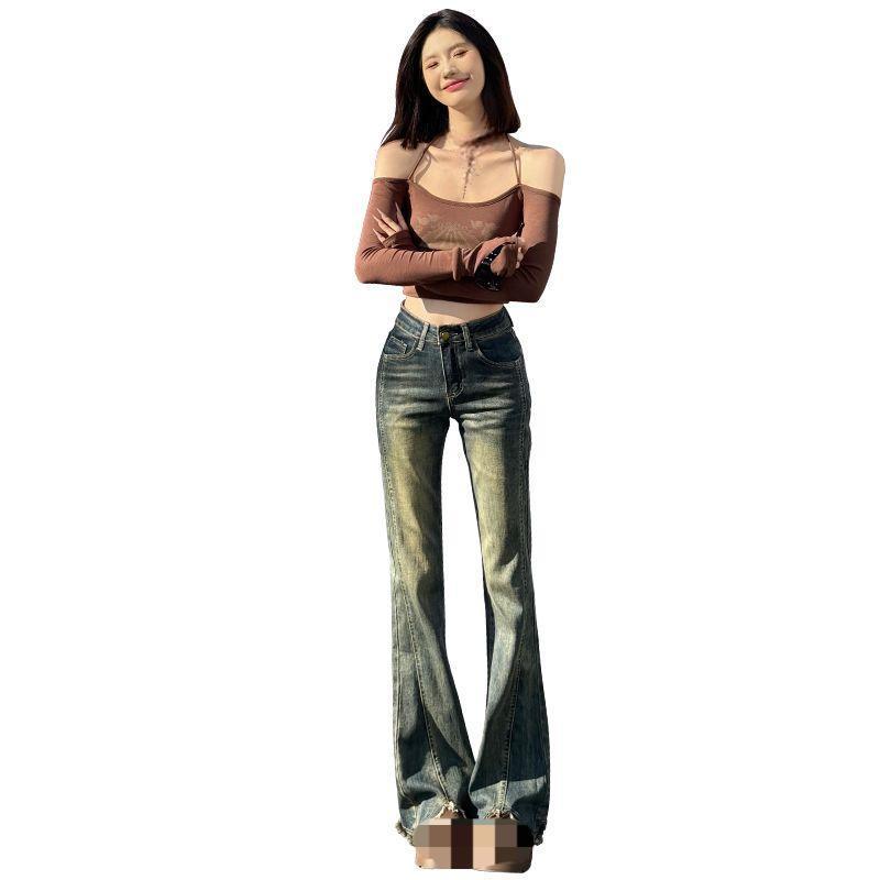 Hot girl stretch retro fringed split hoof-shaped pants, high-waisted pants that show long legs, floor-length flared pants---3029