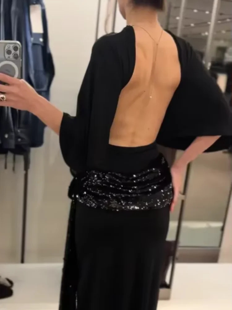 Chic Lady Sequin Patchwork Backless Dress Sexy Solid Middle Sleeve Cinchedwaist Slim Long Dresse Evening Party Vestidos 251217 - view 4