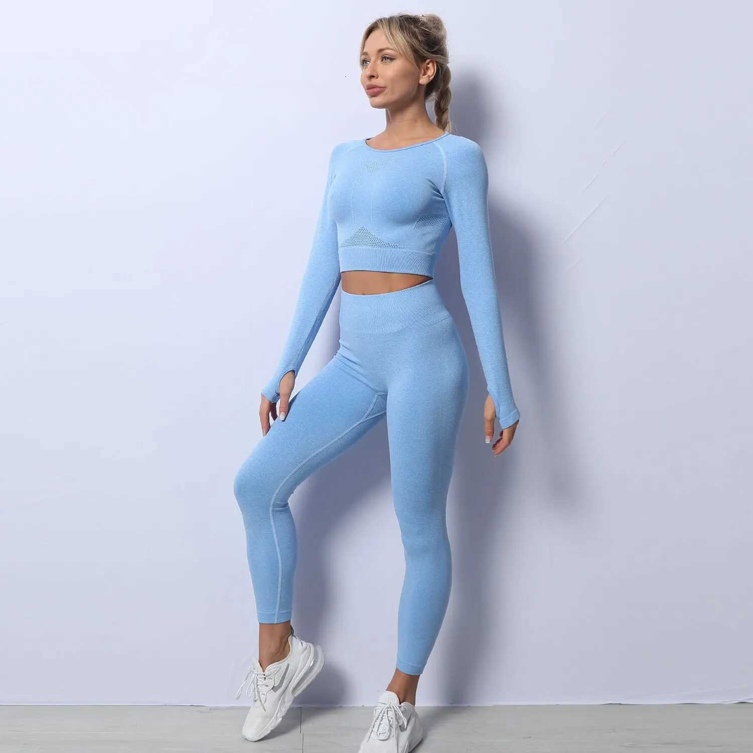 Women Yoga 2 Pieces Workout Outfits Seamless High Waist Leggings Sports Crop Top Running Clothes Setst251219