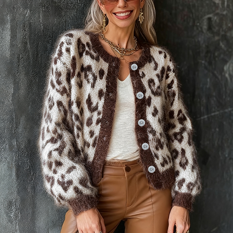 Women's leopard print sweater for autumn and winter, round neck, long sleeves, cardigan, leopard print jacquard. AMX006