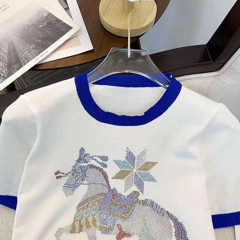 Women Stylish Casual Contrast Color Rhinestone Ice Silk Knitted T-Shirt Summer Elegant Chic O Neck Short Sleeve Loose Basic Tops