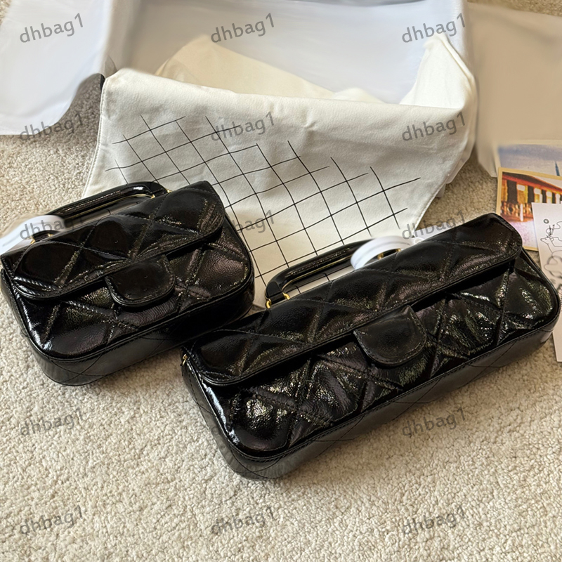 26k Luxury Handbag Baguette Designer Lady Shoulder Bag Shiny Oil Wax Leather Checkered Pattern Gold Metal Matelasse Chain Crossbody Cosmetic Sacoche19/30cm