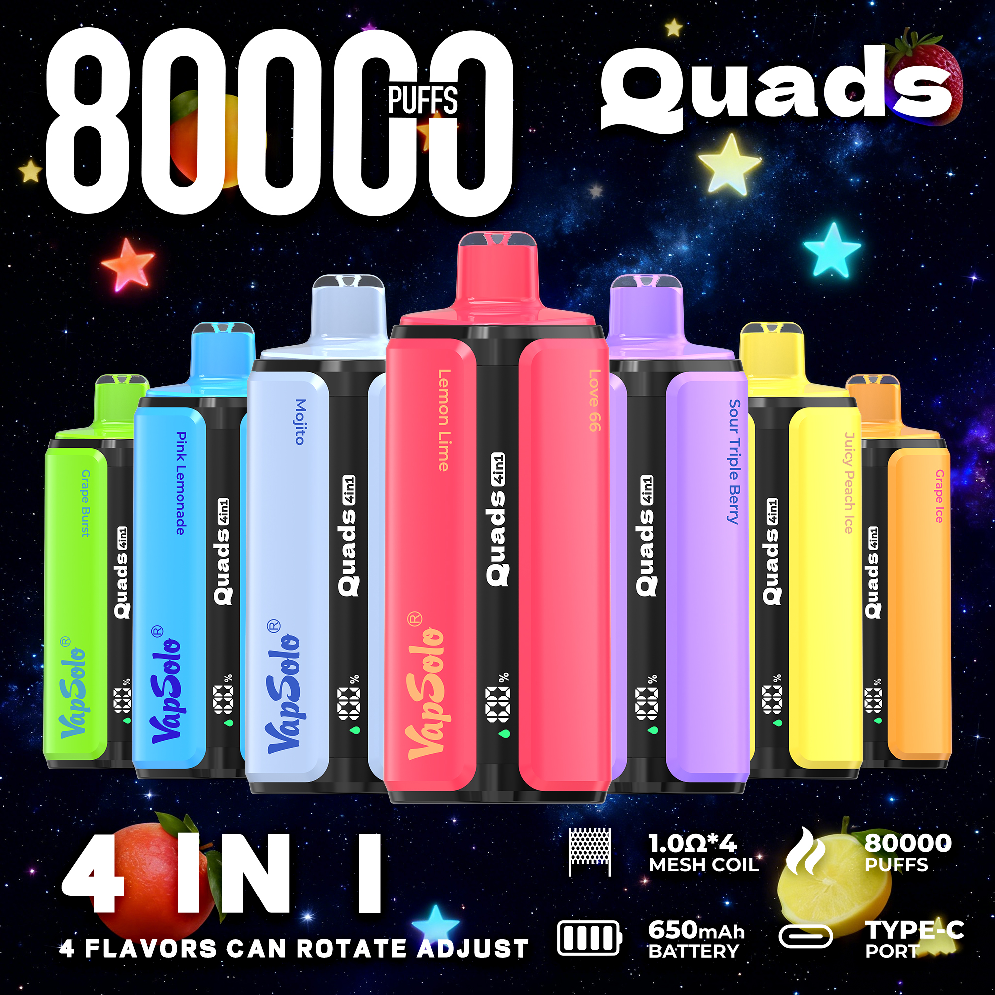 Puff 80K 80000 Vapsolo Disposable Vapes Mesh Coil Electronic Cigarette Vapesolo Quads 85K 100K 110K 120K Puffs Rechargeable 650mAh Battery Vaper Pen EU Warehouse