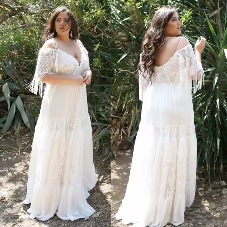 chic lace plus size beach wedding dresses off the shoulder half sleeves bohemian bridal gowns a line tassel boho robe de marie BC3016