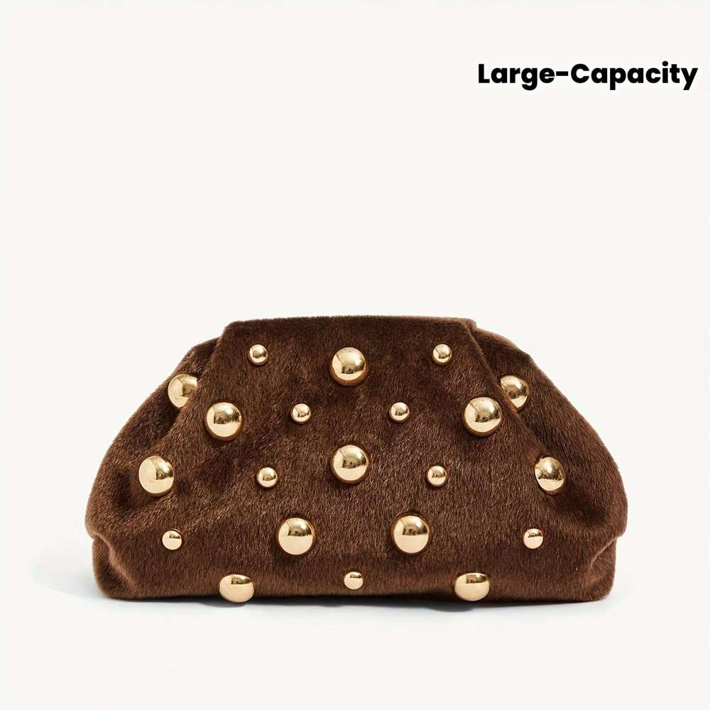 Pc Women S Elegant Faux Trimmed Handbag Large Capacity Golden Tone Stud Closure Purse Deep Brown Like Imitation For Weddings Parties Daily Use Luxury