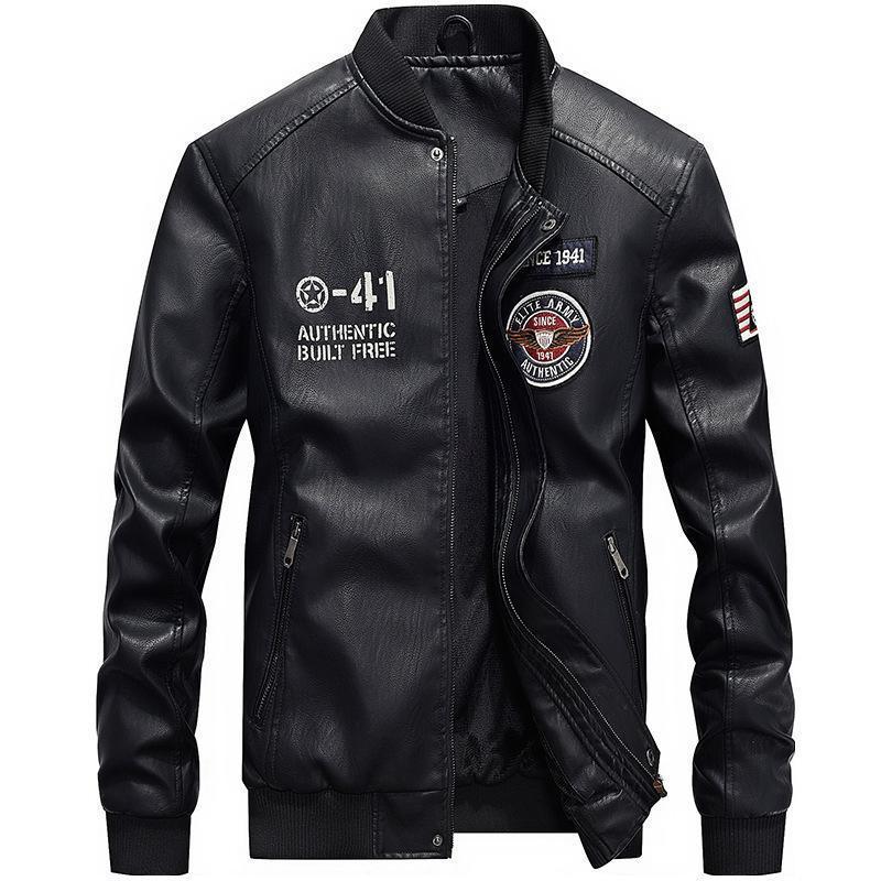 Mens baseball collar embroidered letter washed PU leather jacket youth versatile leather jacket 201119