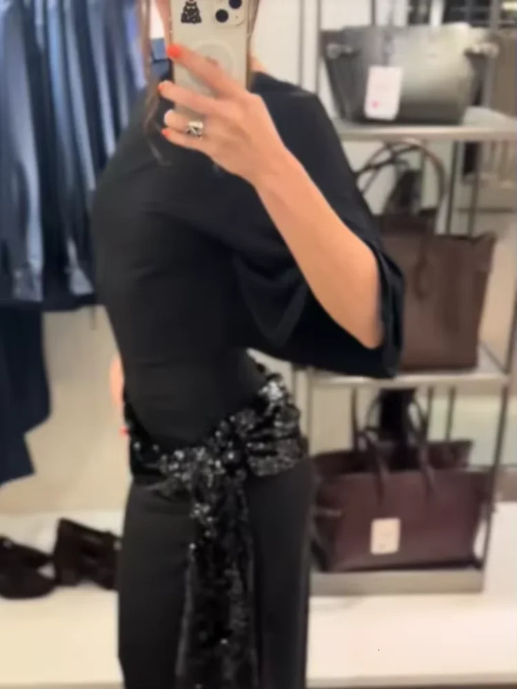 Chic Lady Sequin Patchwork Backless Dress Sexy Solid Middle Sleeve Cinchedwaist Slim Long Dresse Evening Party Vestidos 251217 - view 7