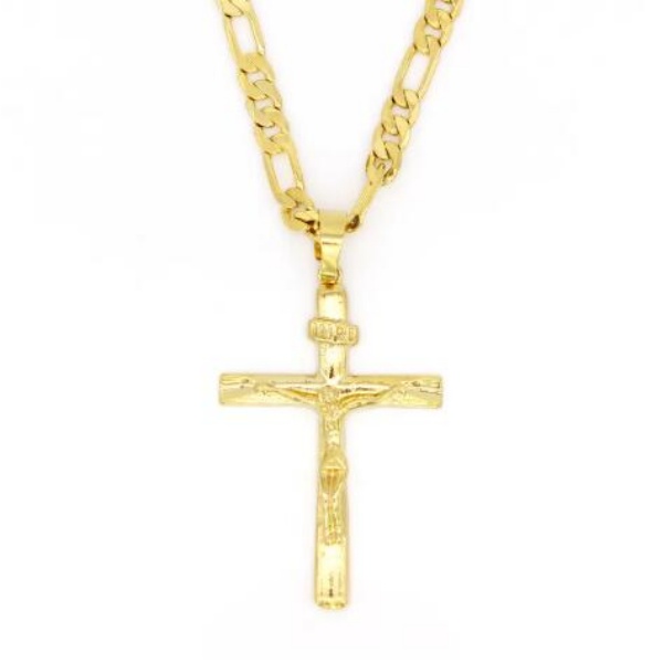 Real 10k Yellow Solid Fine Gold Filled Jesus Cross Crucifix Charm Big Pendant 55*35mm Figaro Chain Necklace 24inch 600*6mm