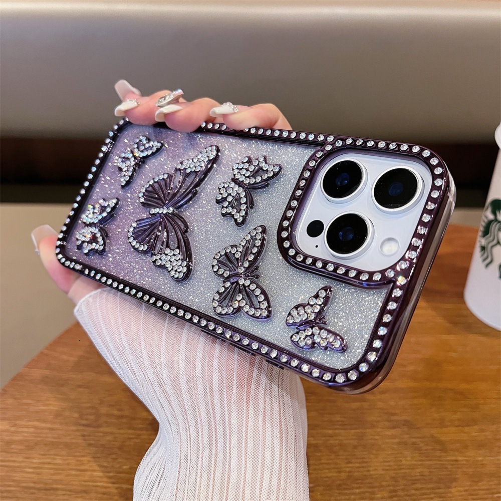 iPhone 17 Electroplated 3D Butterfly Rhinestone Phone Case Compatible with Apple 16 Pro Max Gradient Glitter 15 Cross-border