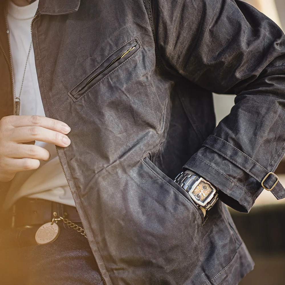 Maden Mens Vintage IV Oil Waxed Canvas Jacket Lapel Zipper Short Outerwear Classic Slim Fit for Spring and Fall 251219