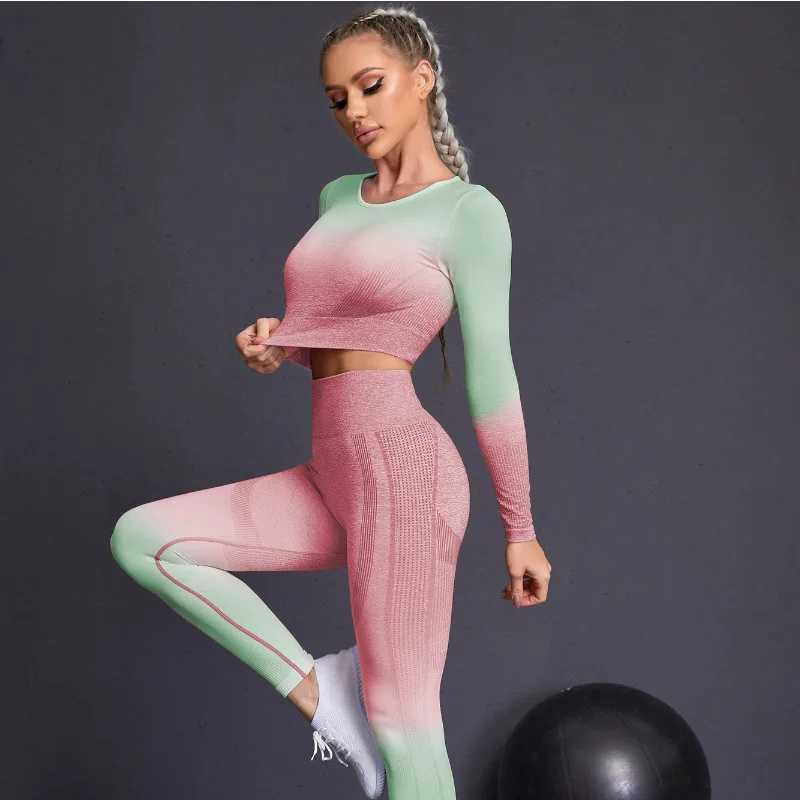 Seamless Yoga Sets Sports Fitnes High Waist Hip Raise Pants Long-Sleeved Suits Workout Clothes Gym Shorts Set for Woment251219