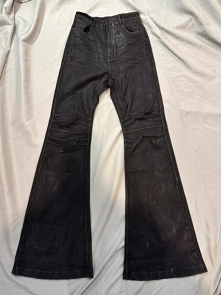 Dark Niche Handmade Wax Coated Washed Flared Jeans with FloorLength Feel Double Knee Pleats and Distressed Finish 251009