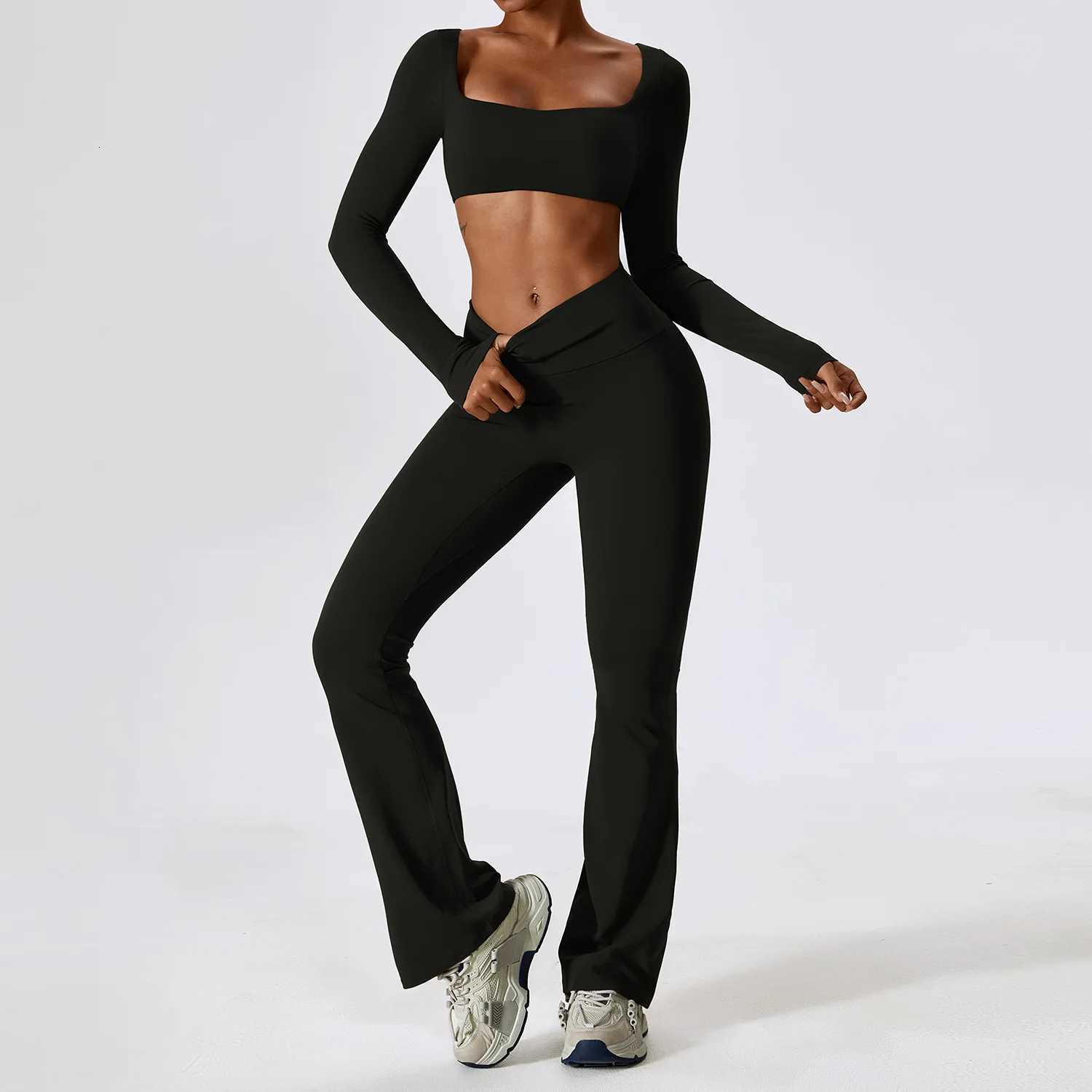 2PCS Yoga Suit Woman Sportswear Gym Flared Pant Running Workout High End Standing Collar Long Sleeve Yoga Clothing Sports Sett251219