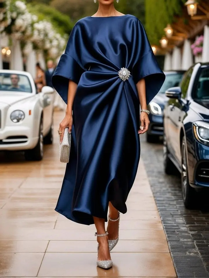 Satin Elegant Dress Round Neck Ruched Chic Button Half Sleeve Party Wedding Guest Evening for Women 2025 251219