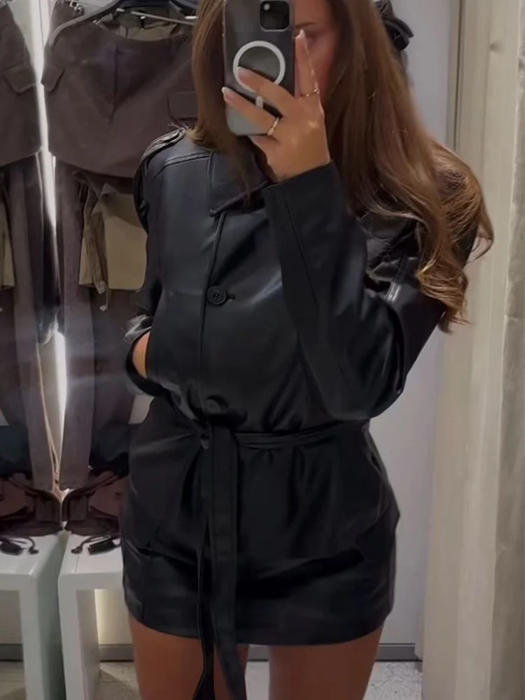 Women Vintage Pu Faux Leather Jacket With Belt Short Style Streetwear Fashion Leisure Single Breasted Retro Female Outwear 251205