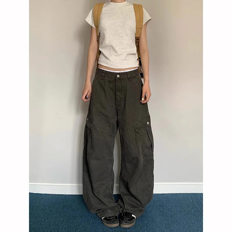 Women Green Y2k Baggy Cargo Harajuku Vintage Wash Denim Trouser Aesthetic 2000s Style Oversize Boyfriend Jeans Pants Autum Z260314