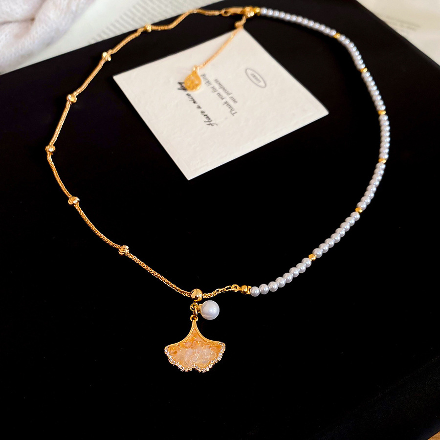 Real Gold Plated Zircon Maple Leaf Pearl Necklace Exquisite Elegant Versatile Collarbone Light Luxury High-End Neck Chain - view 9