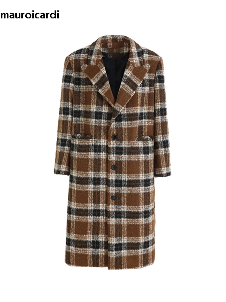 Mauroicardi Autumn Winter Oversized Long Thick Warm Colorful Plaid Wool Blends Coat Men Loose Runway European Fashion 251219