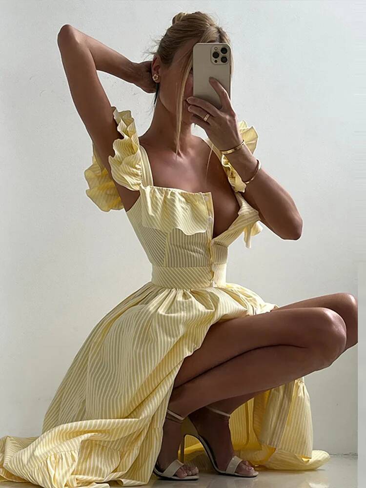 Flying Sleeve Ruffle Striped Slip Long Dress Women Elegant Square Collar Waist Cinching Pleat Party Dresses Chic Ladies Vestido dongdumaoyi