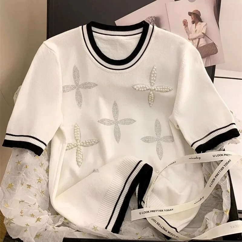 Neploe New Ice Silk O-Neck Beading T-Shirts Fashion Sweet Knitted Short Sleeve Tee Shirt Summer Loose Black Tops Women