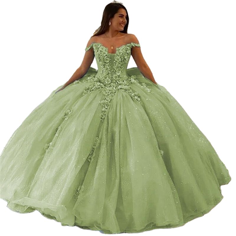 Princess Sage Ball Gown Quinceanera Dresses With 3D Floral Appliques Off Shoulder Floor Length Tulle Birthday Prom Dress Big Bow Back Sweet 16 Gowns D