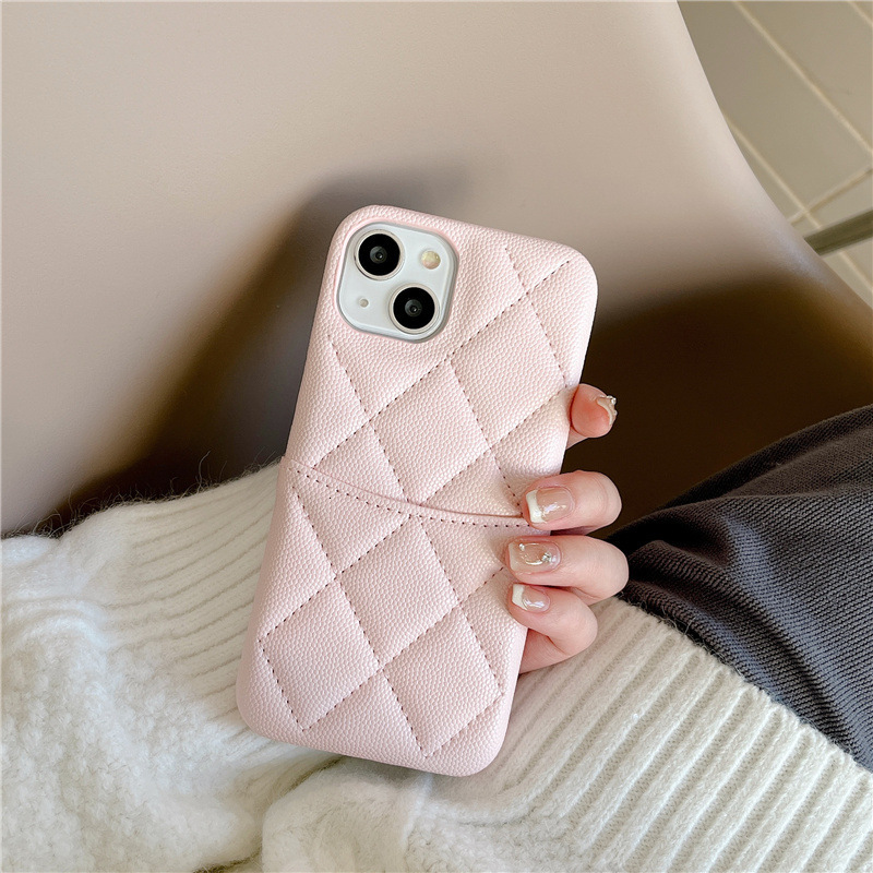 iPhone 17 Pro Max Chanel Style 3D Quilted Pattern Compatible with Apple 16 Lychee Texture 15 Leather 14 Card Slot Hard Case