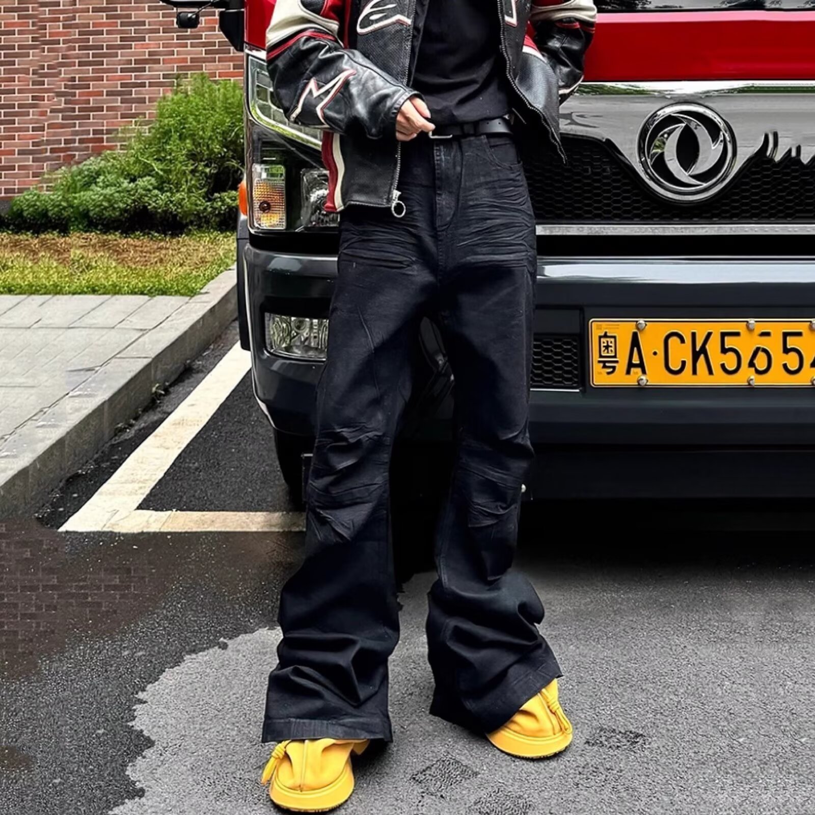 Dark Niche Handmade Wax Coated Washed Flared Jeans with FloorLength Feel Double Knee Pleats and Distressed Finish 251009