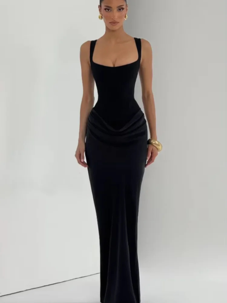 Solid Pleated Sling Dres Square Neck Sleeveless Offshoulder Waist Cinching Slim Dresses Lady Evening Party Gowns 2025 251219