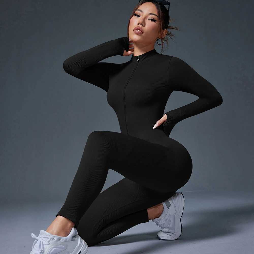 Half Zip Jumpsuit Women Gym Bodysuit Long Sleeve Activewear Set Running Workout Romper Fitness Overalls Sportswear Yoga Clothest251219