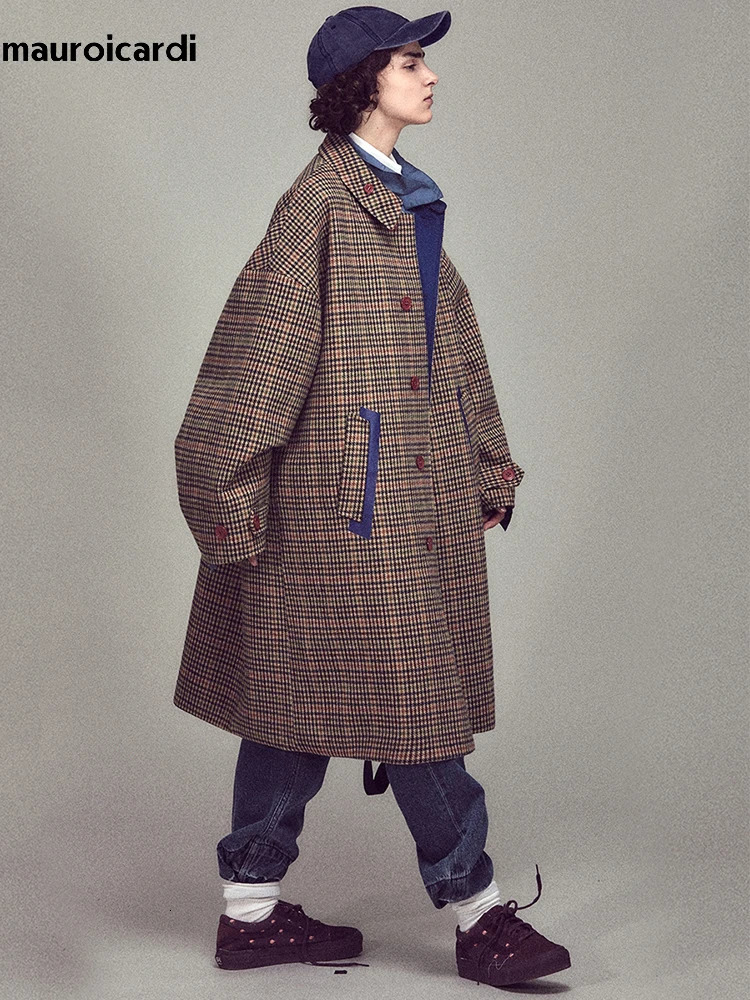 Mauroicardi Autumn Winter Oversized Warm Colorful Houndstooth Wool Blends Reversible Coat Men er Woolen Overcoat 251219