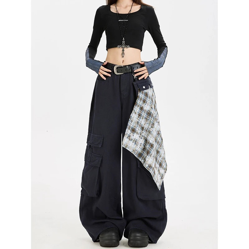 ZHIZOU Women Black Baggy Y2k Cargo Jeans Japanese 2000s Style High Waist Jean Pants Vintage Harajuku Oversize Denim Trousers Z260314