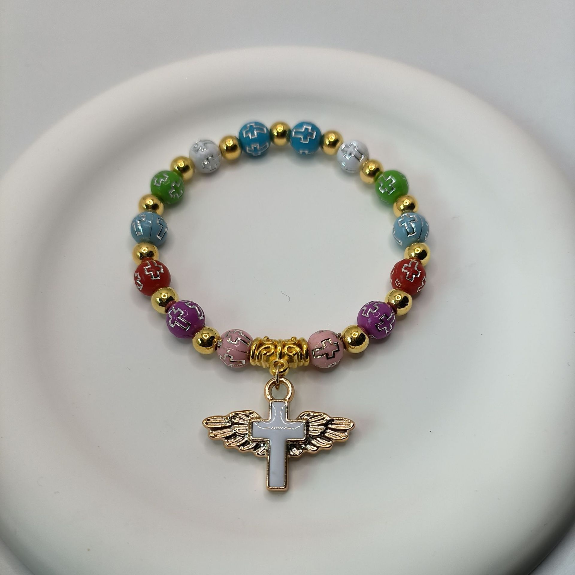 Hot Selling Gold Stamping Acrylic Cross Bead Bracelet Oil Drop Angel Cross Rosary Bracelet