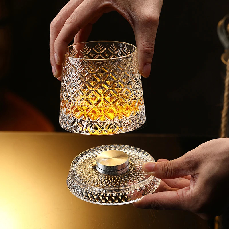 Whiskey Glasses Rotating Whisky Glass with Glass Base 360 Rotate Degrees Crystal Rum Glass for Cocktail Party Drinking 251218