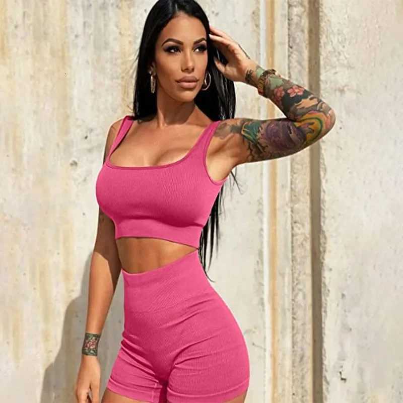 Womens 2-Piece Ribbed Seamless Breathable Sports Strap Vest High-Waisted Shorts Tracksuitt251219