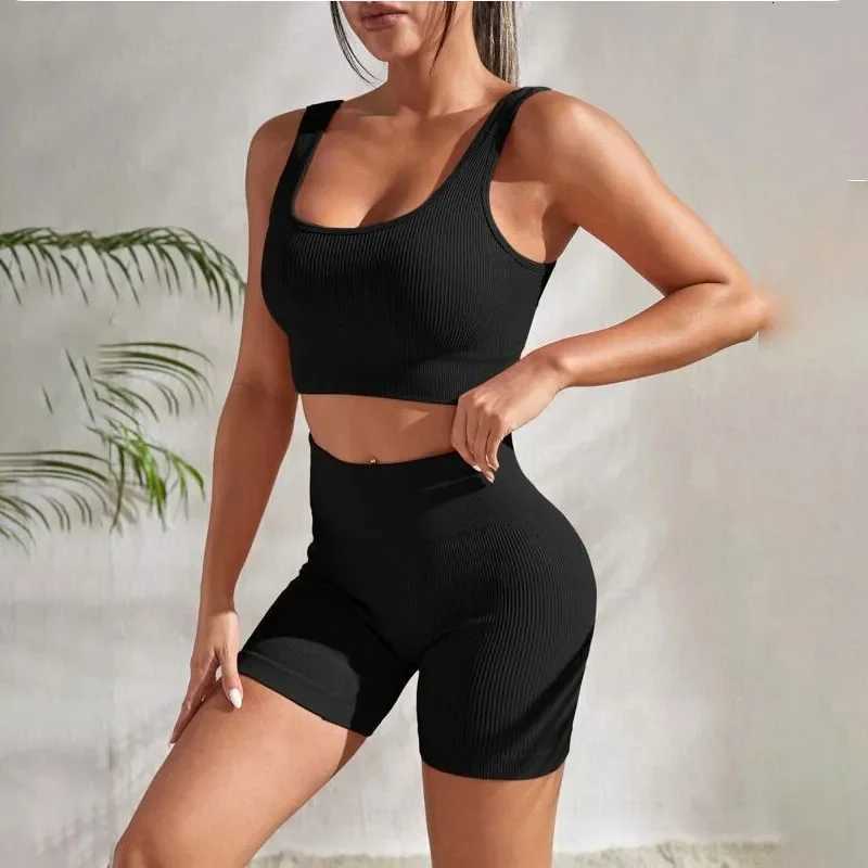 Womens 2-Piece Ribbed Seamless Breathable Sports Strap Vest High-Waisted Shorts Tracksuitt251219