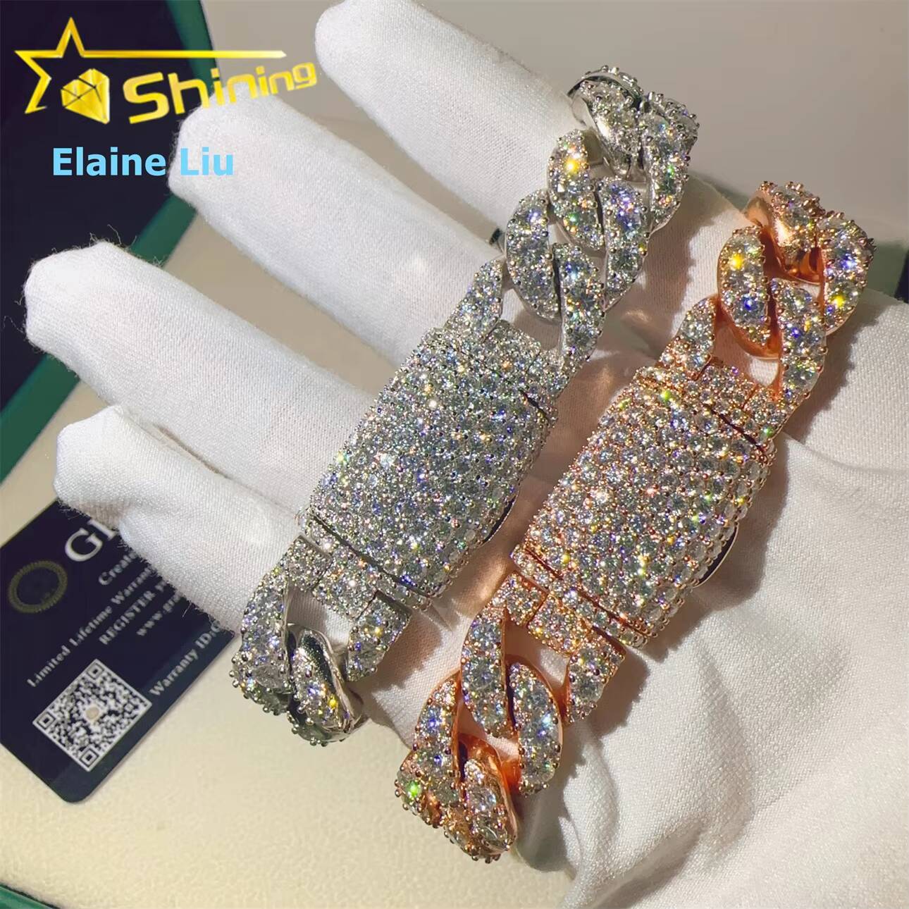 GRA Certificated Hip Hop Sterling Silver 925 15mm Vvs Moissanite Fine Jewelry Cuban Link Chain Bracelet Moissanite Bracelet