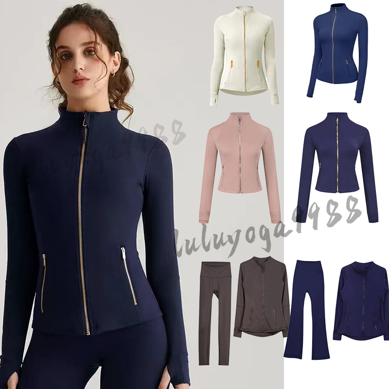 Womens Yoga Jackets Fitness Cropped Gold Zipper jacket Lycra Quick-Drying Yoga Set Designer Long-Sleeve Thumb Hole Training Running Jacket Women Slim Sports Coat