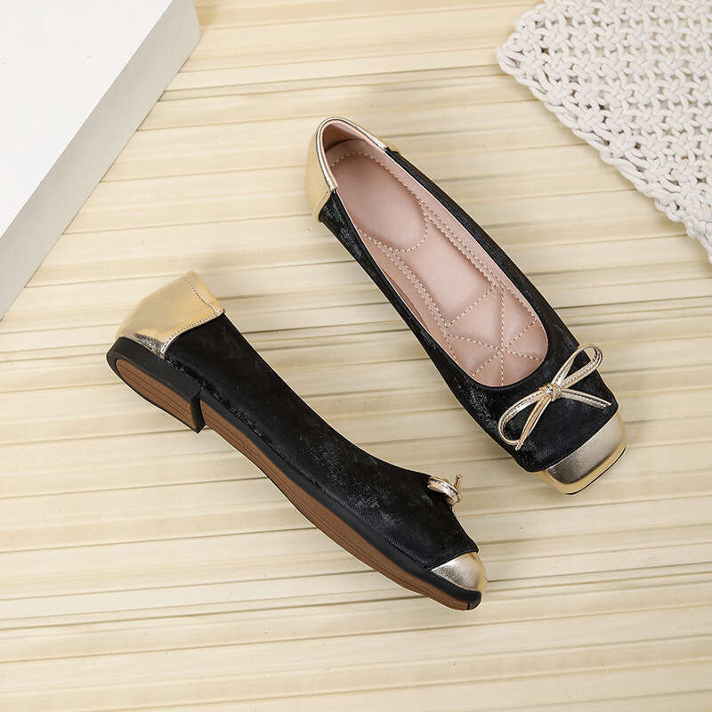 Butterfly niche designer Free shipping Knot Square Toe Single for Women Chinese Style New Genuine Leather Patchwork Soft Versatile Flat Ballet Shoes