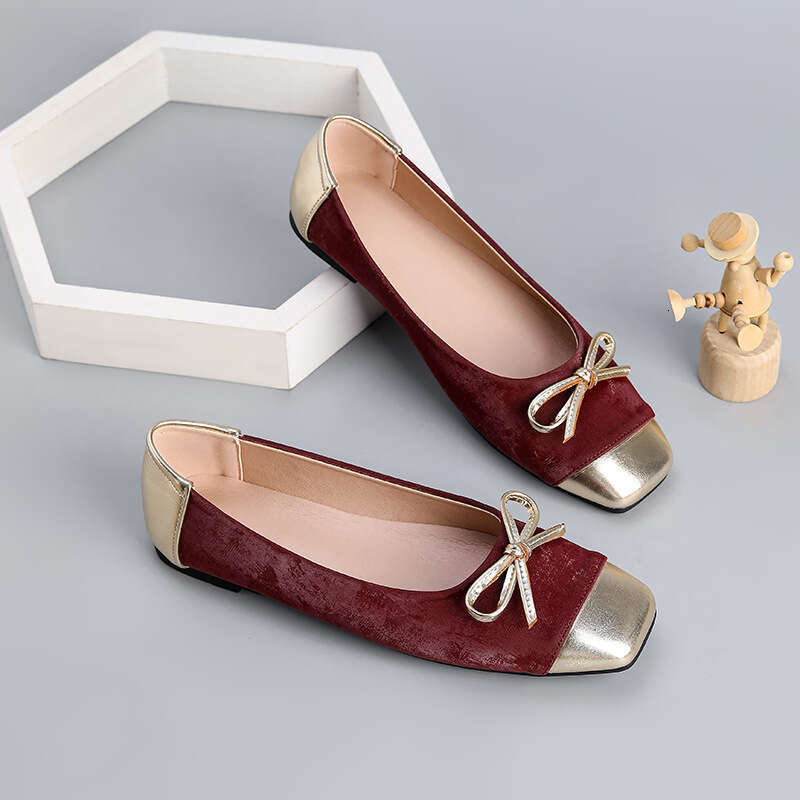 Butterfly niche designer Free shipping Knot Square Toe Single for Women Chinese Style New Genuine Leather Patchwork Soft Versatile Flat Ballet Shoes
