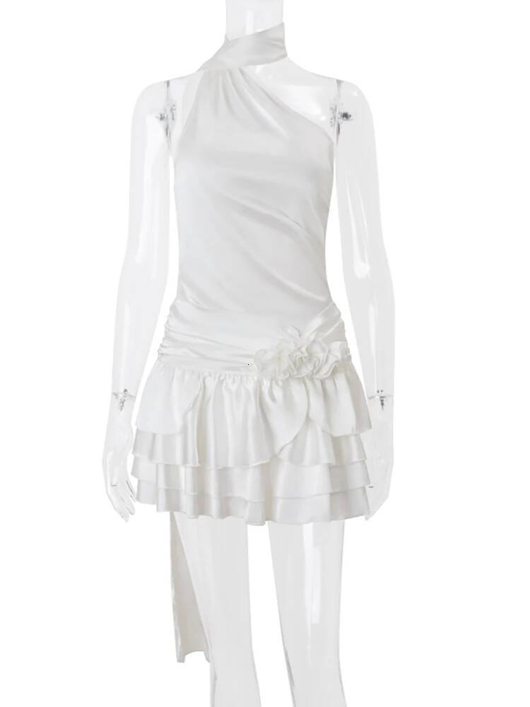 Fantoye Satin Sexy Backless 3D Flowers Women White Halter A-line Dress Female Spring Slim Elegant Party Clubwear Vestidos dongdumaoyi