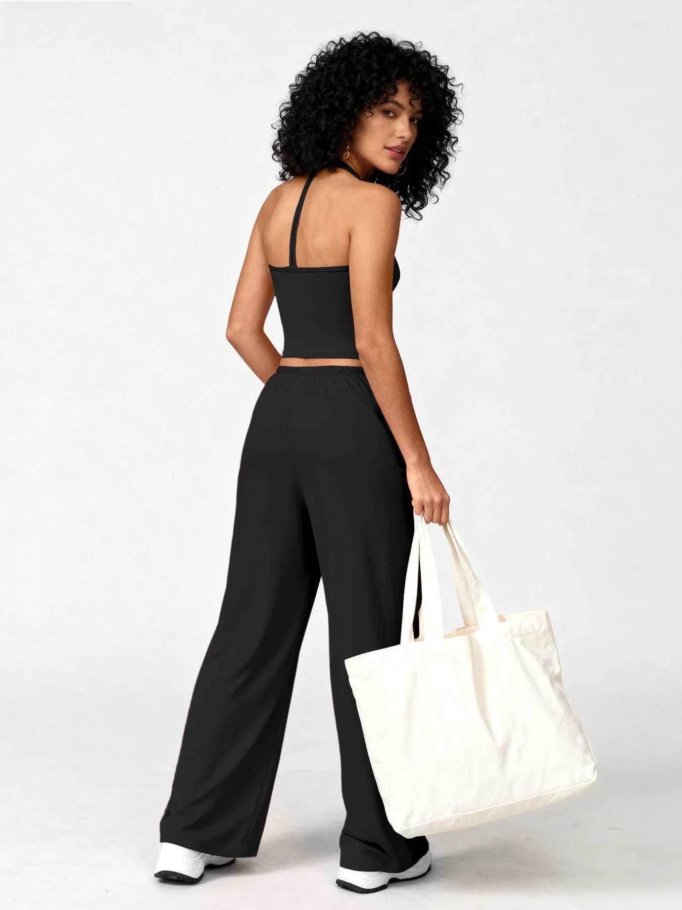 European and American yoga fitness suit quick-drying beautiful back camisole high waist flared pants running casual weart251219