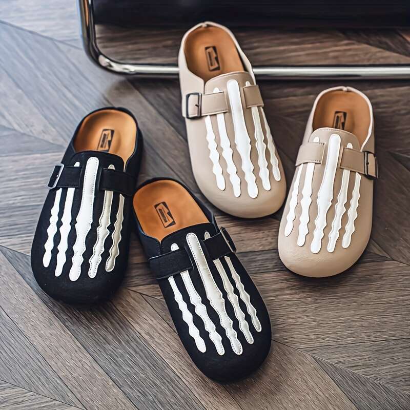 Dawsri Men's Slip-On Sandals Beige/White Skeletal Footbone, Secure Buckle Strap, Cushioned EVA Insole Non-Slip Rubber Sole All-Season Casual & Fo