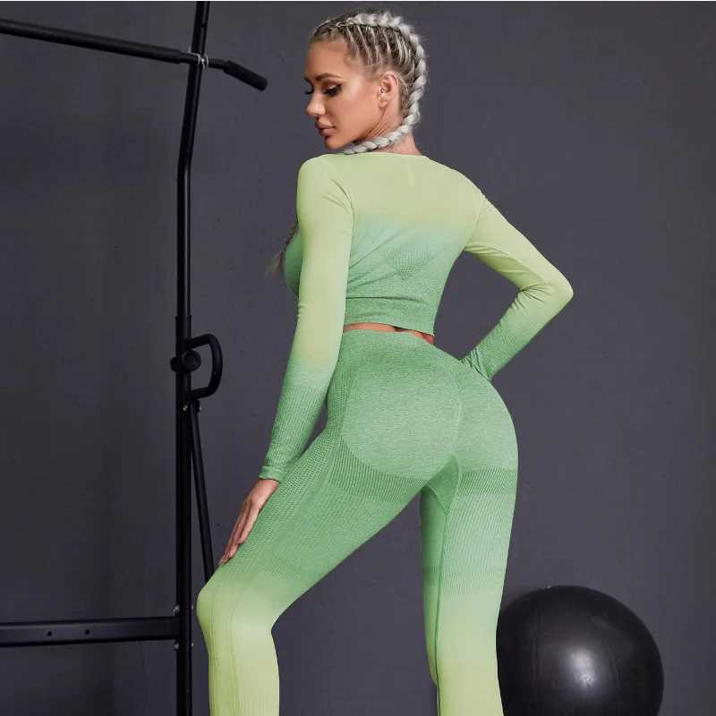 Seamless Yoga Sets Sports Fitnes High Waist Hip Raise Pants Long-Sleeved Suits Workout Clothes Gym Shorts Set for Woment251219