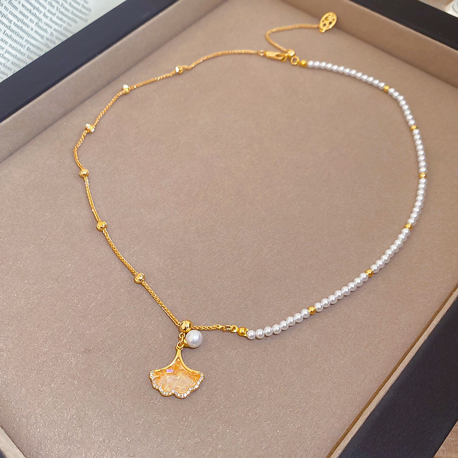 Real Gold Plated Zircon Maple Leaf Pearl Necklace Exquisite Elegant Versatile Collarbone Light Luxury High-End Neck Chain - view 5