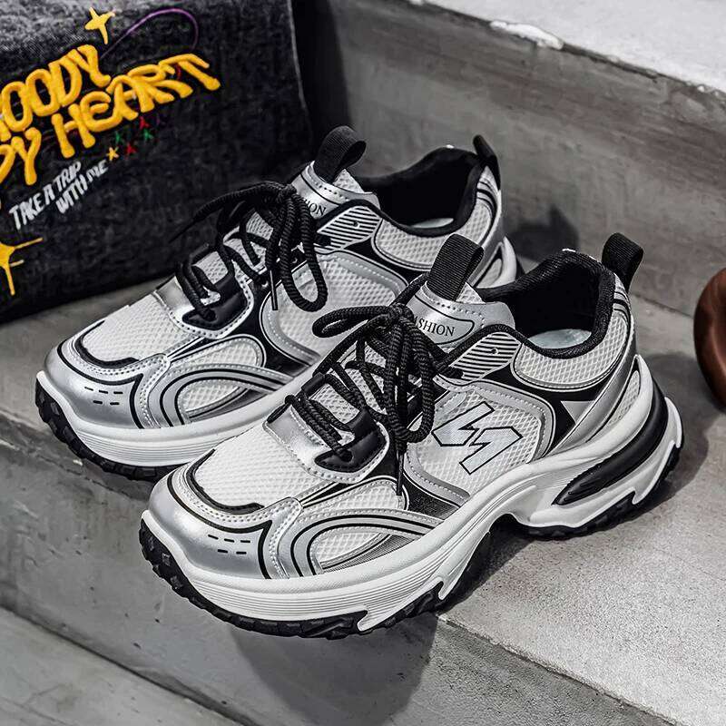 Trendy Unisex Chunky Dad Sneakers Silver Black Retro Couple | Breathable Mesh Casual Platform Shoes 25M1219