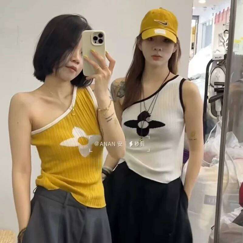New Patchwork Skew Collar Knitting Camisole Female Summer Fashion Slim Floral Sleeveless T-Shirts Women Clothes Top Tee