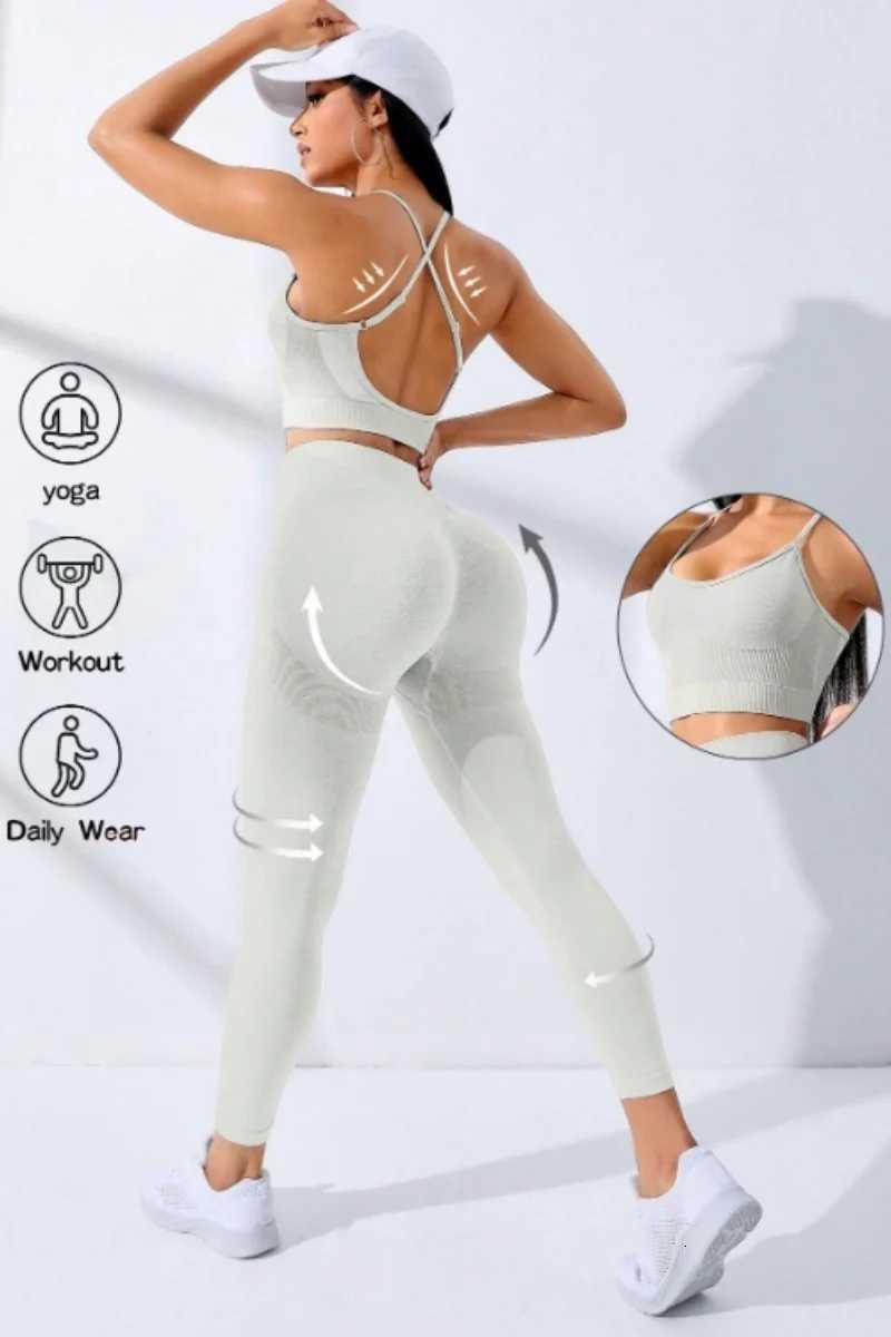 Women Yoga Set 2/Pcs Seamless Workout Outfits Yoga Sportswear Tracksuit Leggings And Thin Shoulder Strap Stretch Sports Bra Fitnt251219