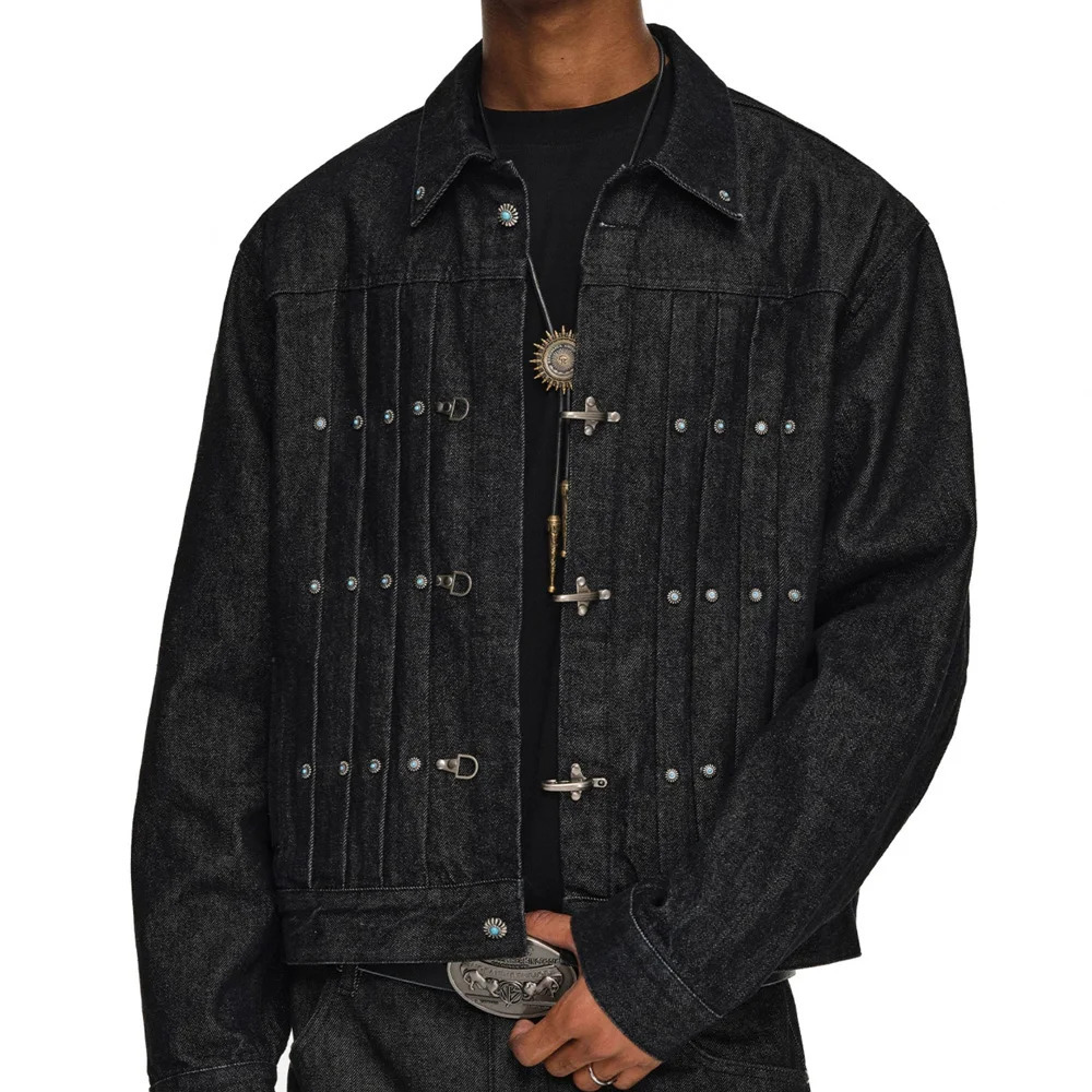 Airplane Buckle Denim Short Jacket Men Streetwear Fashion Hip Hop Turquoise Button Jeans Unisex Spring Autumn Cowboy Coat 251219